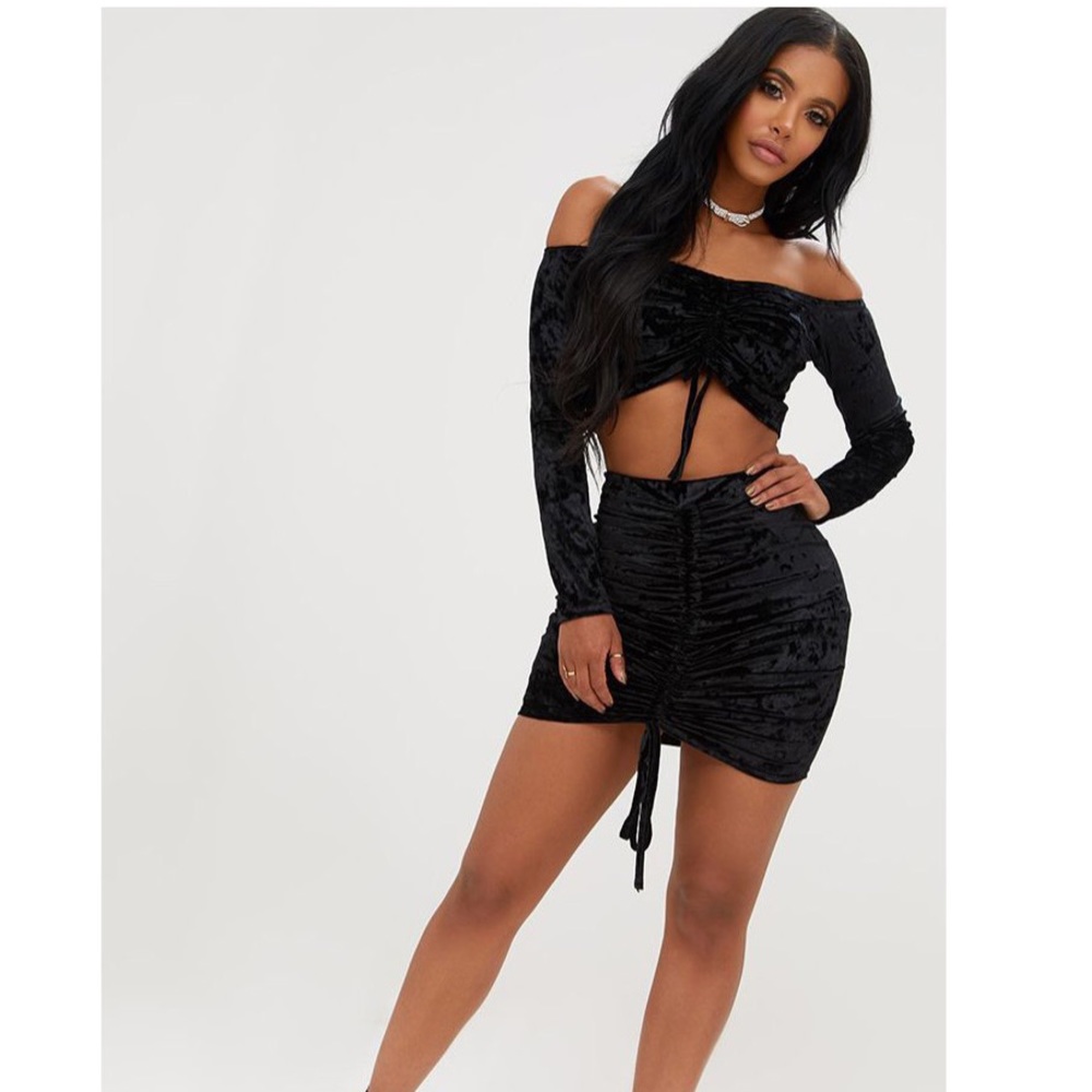 PLT Shape Black Velvet Ruched Crop Top Co-Ord Set